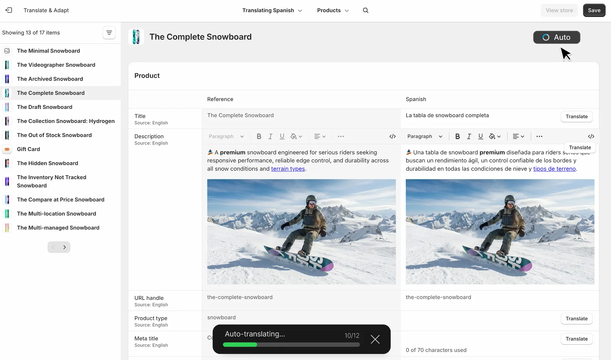 Yahao Translate interface showing Shopify product translation